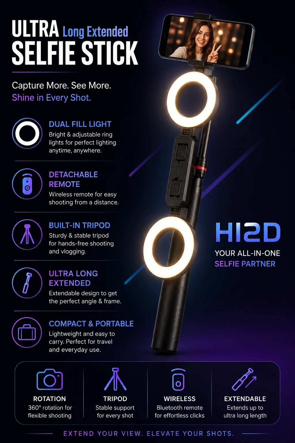 H12D Selfie Stick with light